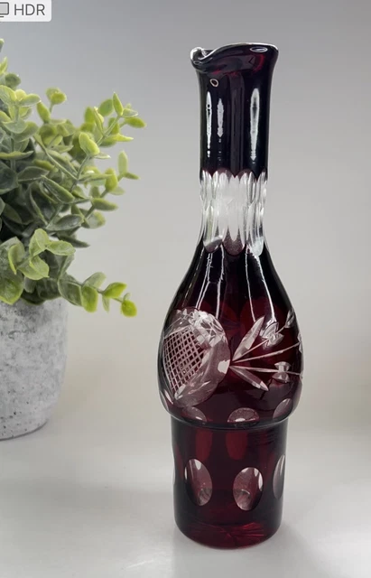 Bohemian Czech Glass Ruby Red Cut To Clear Cruet