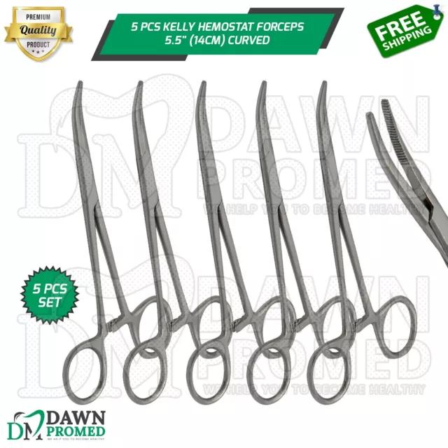 5 Pcs Kelly Hemostat Forceps Curved 5.5" Locking Clamp Surgical Dental German Gr