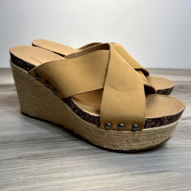 Lucky Brand Neeka Leather Platform Wedge Size 8.5M Tan Cork Studs Espadrilles