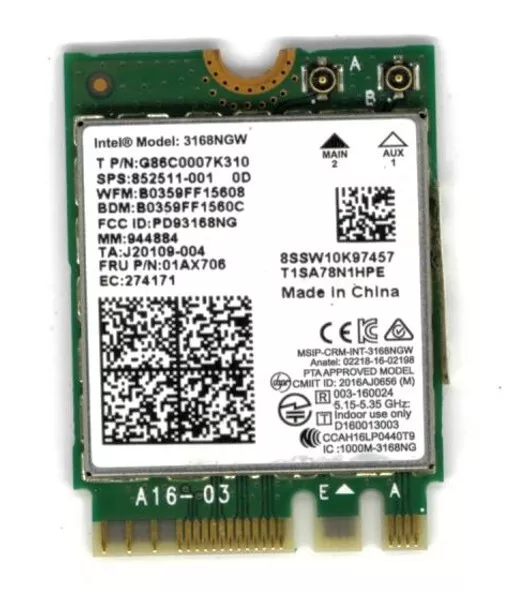 Intel Dualband 3168NGW NGFF M.2 WLAN-Karte BT 4.2 802.11AC HP 852511-001 Adapter