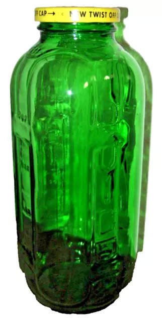 Vintage Embossed Green Glass 40oz Water Juice Refrigerator Jar Bottle with lid