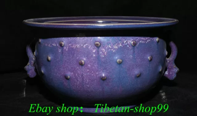 Old Song Dynasty Jun Kiln Purple Glaze Porcelain Beast Ear Incense Burner Censer