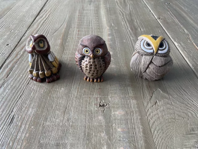 Vtg Lot of 3 Artesania Rinconada Hand Made Clay Enamel Owl Figurines Signed