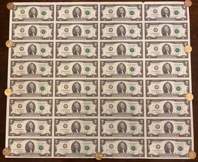 $2 Two Dollar Bills Uncut Currency Sheet of 32 Notes 2013 Dallas Texas - $64