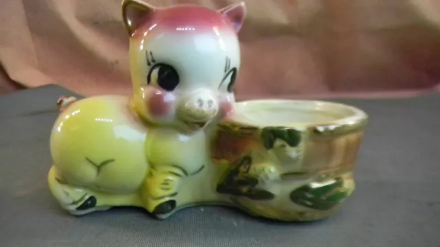 Vintage Pottery Planter Pig with Barrel ceramic Rare Gold trim accents Shafer