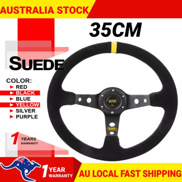 350mm Leather Flat Racing Steering Wheel Yellow Stitch Fit Omp hub MOMO Hub