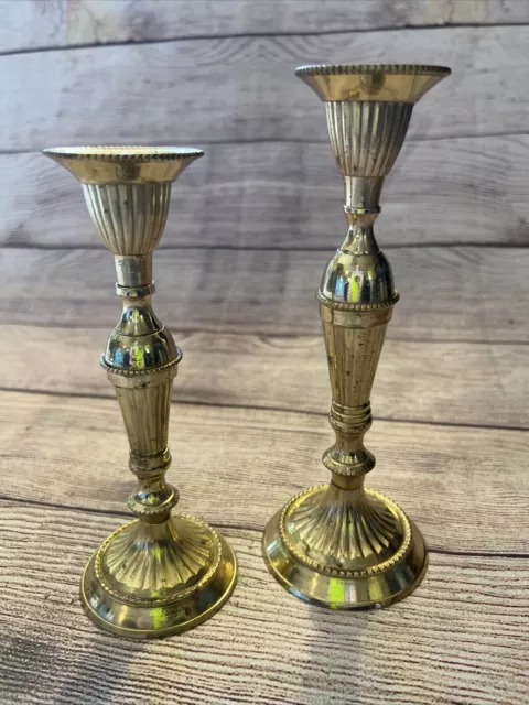Pair Hosley Solid Brass Lacquered Candlestick Holders 7.75” 6.75” Ribbed