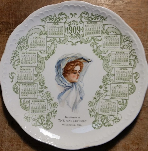 1909 Adv Calendar Plate The Enterprise of Waukesha WI Gibson Girl Type Art