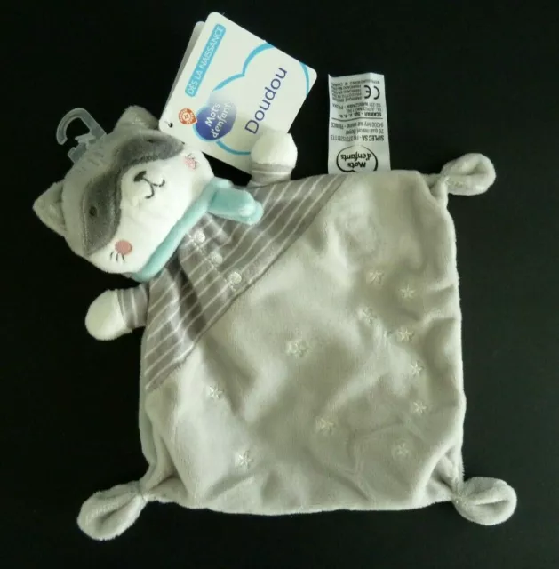 *. Doudou Plat Mots D'enfants Chat Raton Gris Echarpe Bleu Etoile Neuf Etiquette