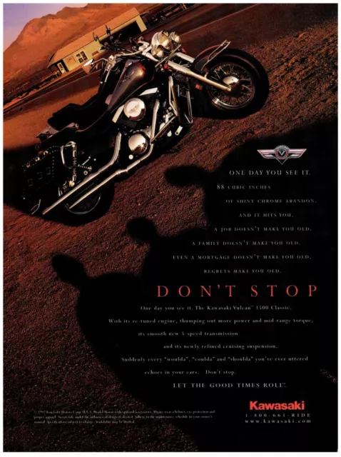 Kawasaki Motorcycle Bike Biker No Regrets Vintage Print Advertisement 8x11" 1998