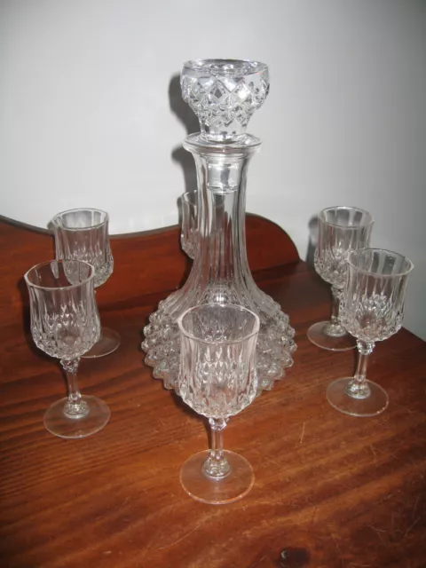 Cristal D'arques France Crystal Decanter  + 6 Stemmed Glasses "Longchamp" Excon