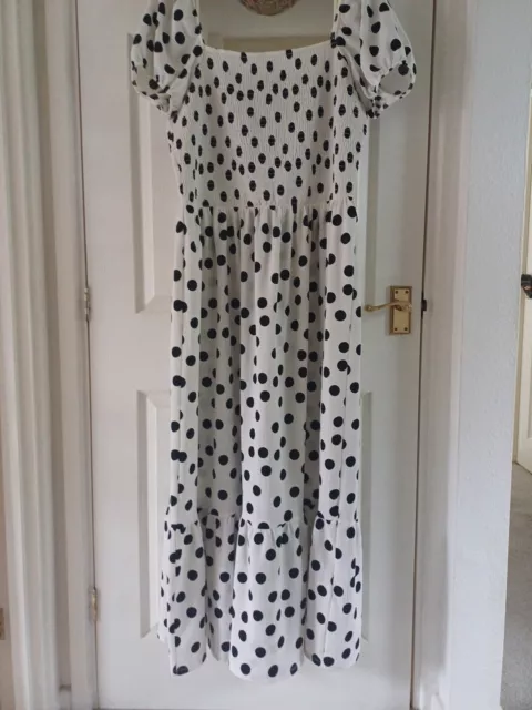 Black White Polka Dot Shirred Bust Floaty Maxi Summer Dress 👗20 22 Tall ?