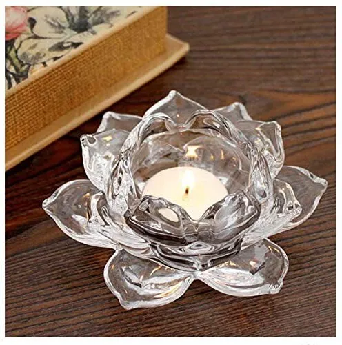 Lotus flower shaped crystal glass candle holder with candle