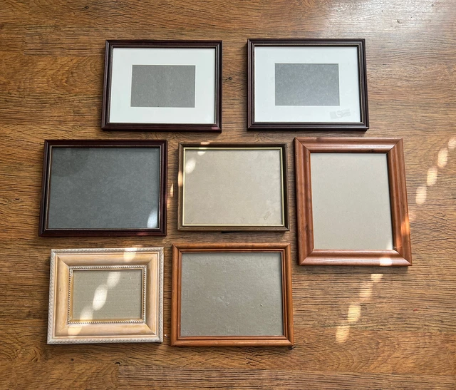 Lot Of 7 Vintage Wooden Gold Studded Picture Frames w/Glass Backboards Easels