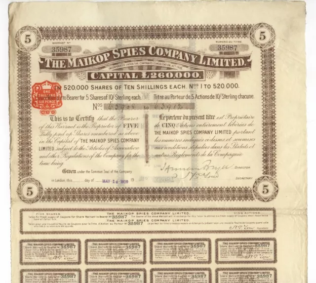 Maikop Spies Company Limited – Aktie über 50 Shilling, London, 14.05.1910 !