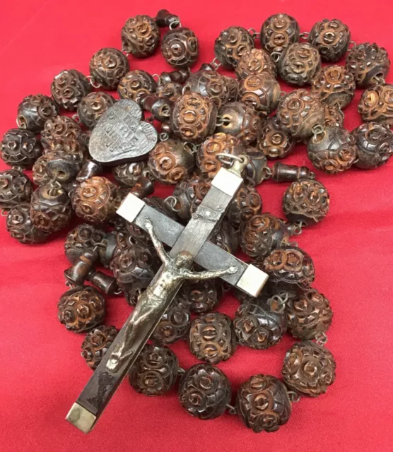 Antique large ROSARY wood carved beads habit priest 44" long rare Crucifix cross