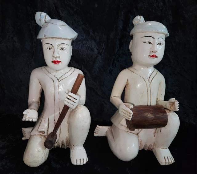 2 Rare Burmese Wooden Carved Statue Instruments Painted Blue Feather Figures
