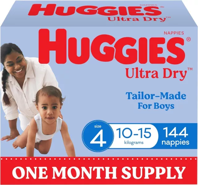 Huggies Ultra Dry Nappies Boys Size 4 10-15kg 144 Count One Month Supply-Au