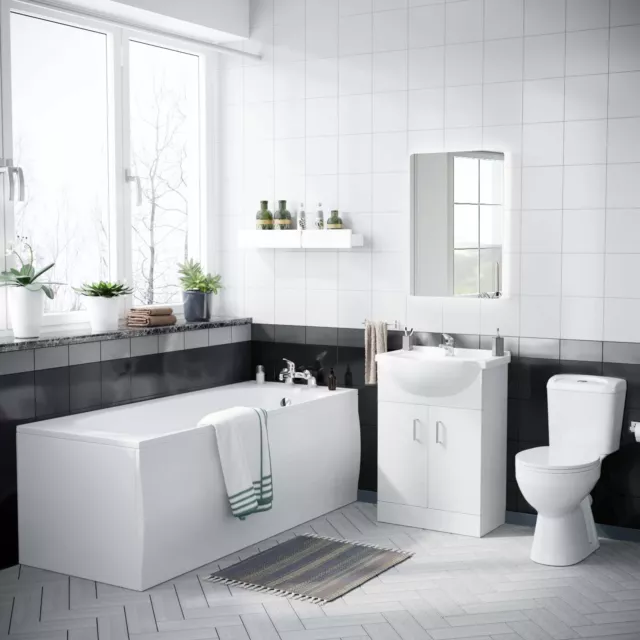 3-Piece Gloss White Basin Vanity Close Coupled WC and Bath Tub Bathroom Suite
