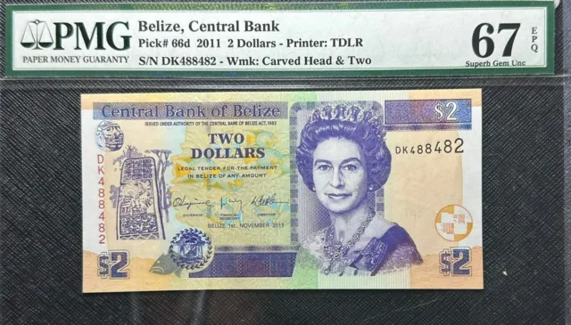 PMG67 GEM EPQ  BELIZE Central Bank 2 Dollars B/note(+FREE1 note)#25312