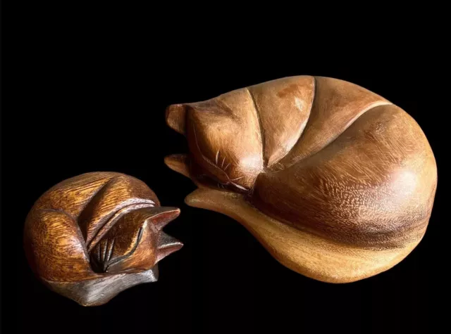 Pair Vintage Hand Carved Wooden Sleeping Curled Cats Figurine Decor Paperweight