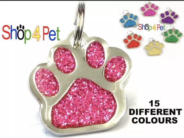 Dog Cat Pet Tag ID Collar Tags Personalised Engraved 27mm Glitter Paw Print