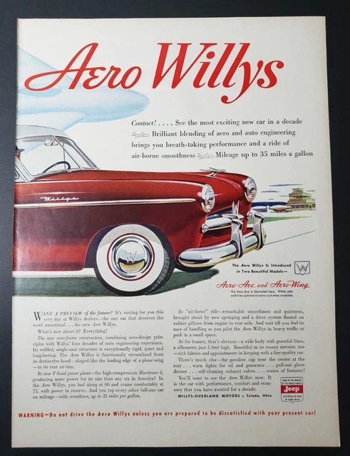 1952 Print Ad Aero Willys Ace & Wing Automobile Car Feel Ease Of Handling