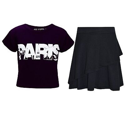 Kids Girls Tops Paris Purple Crop Top & Double Layer Skater Skirt Set 7-13 Years