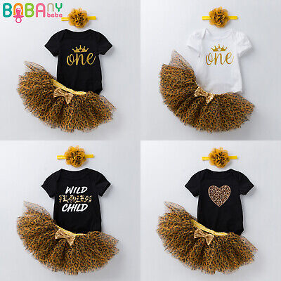 Newborn Baby Girls 1st Birthday Outfits Romper Tops Leopard Tutu Skirts Clothes