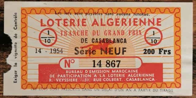 Billet de Loterie Algérienne 1954 14e tranche du Grand Prix 200 francs - Algérie