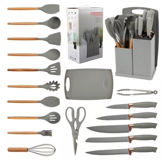 Set Utensilios D Cocina Silicon Resistentes Al Calor 19 pcs Cocinero + Cuchillos