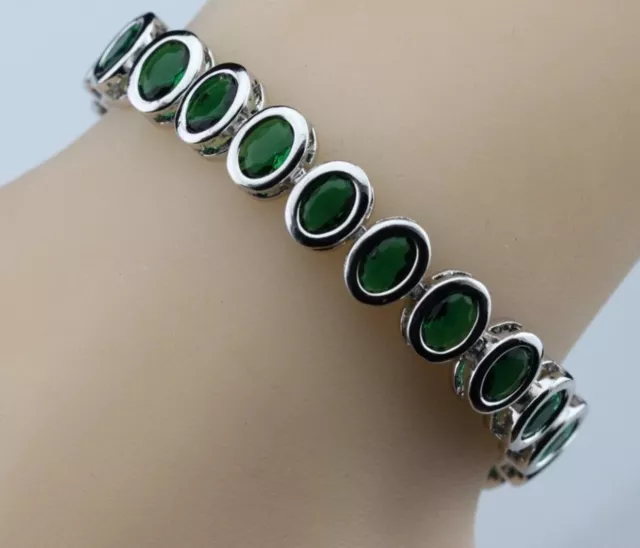 Sterling Silver Bracelet  Green Lab-Created Emerald  Oval Shaped Gemstones