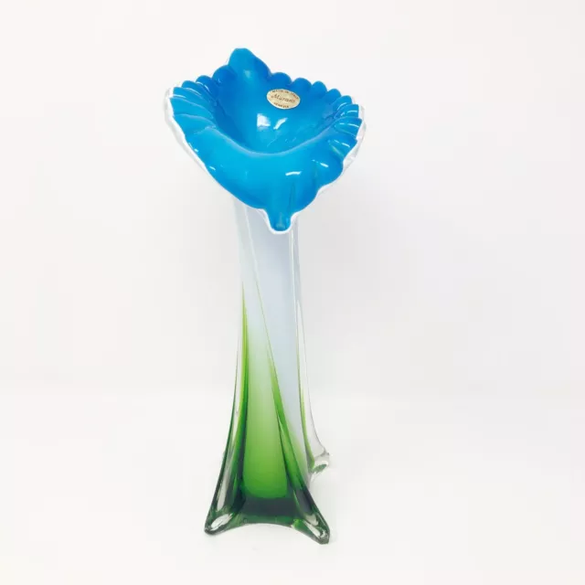 Murano Italian Art Glass Calla Lily Jack In The Pulpit Vase Green Blue White 11”