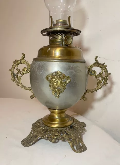 antique ornate 1800's converted Art Nouveau brass glass oil table parlor lamp