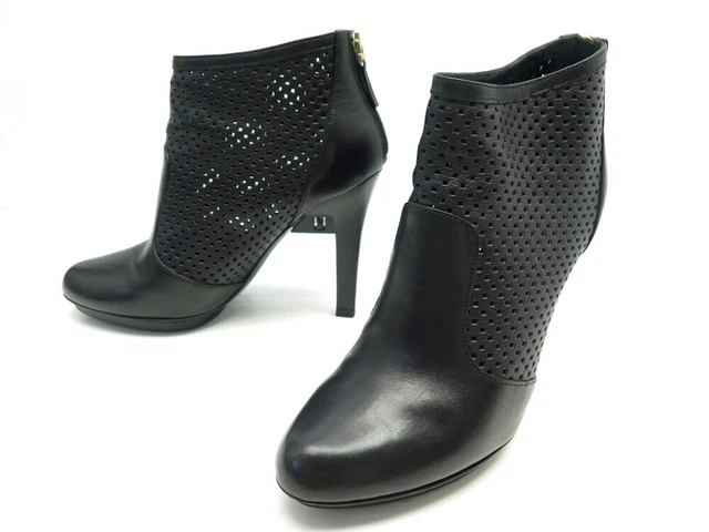 Chaussures Fendi Bottines Perforees 39It 40Fr Talons Cuir Noir Boots Shoes 960€
