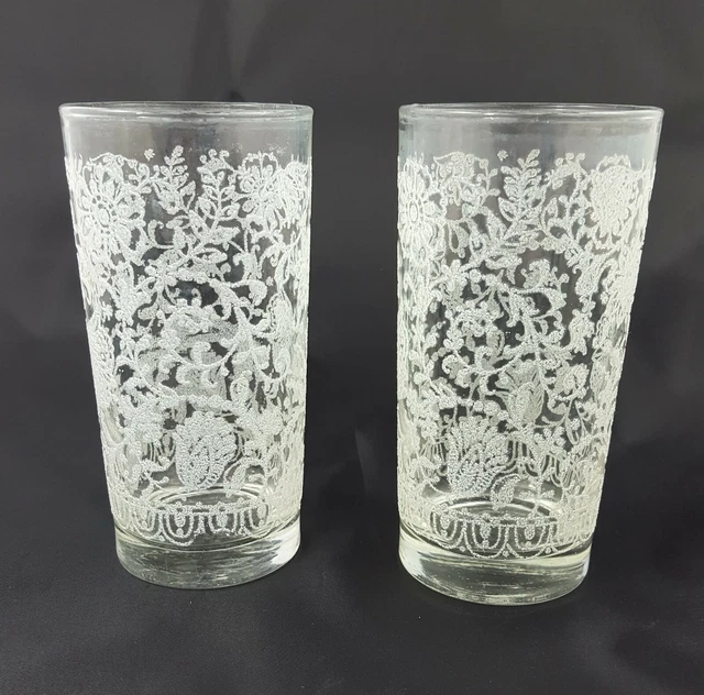 Vintage Libbey glasses with raised white floral design, original gold rim trim h