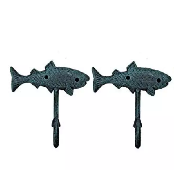 2 Nautical Decorative Cast Iron Fish Key Towel Coat Hook Hanger Sea worn Blue 6"