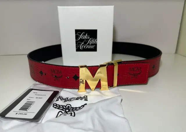 Reversible Red To Black Adjustable Mcm Belt With Gold Buckle