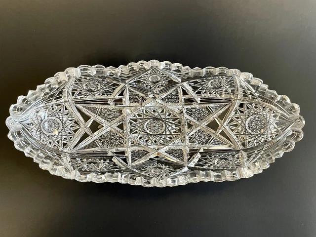 American Brilliant Antique ABP Thick Cut Glass Crystal Oval Bowl Relish 10.75”