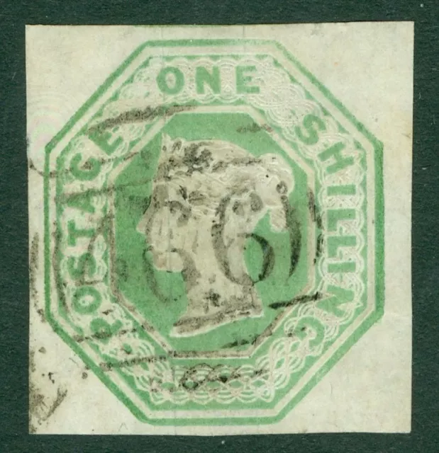 SG 54 1/- pale green. Very fine used with a '466' numeral. 4 large margins...