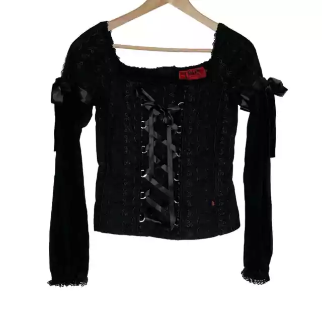 Tripp NYC Women's Corset Long Sleeve Top Size Medium Black Embroidered Bow Goth