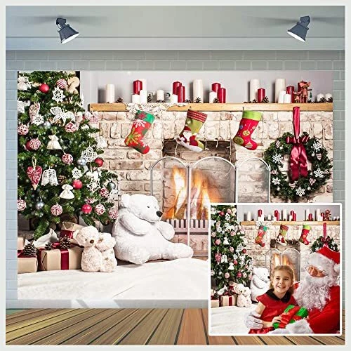 7x5ft Christmas Photography Backdrop Christmas Fireplace Backdrop White Brick...
