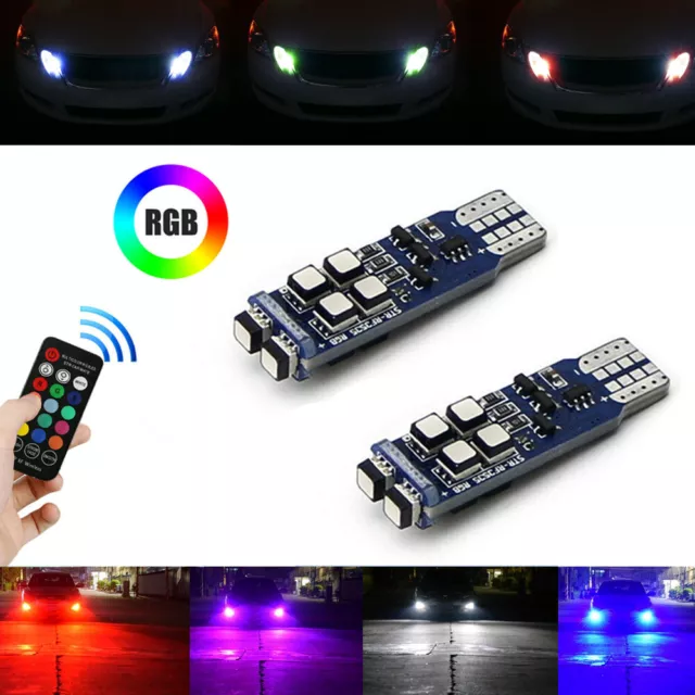 2x RGB Car Parking Light Multi-Color 168 194 T10 LED Bulbs w/RF Remote Control