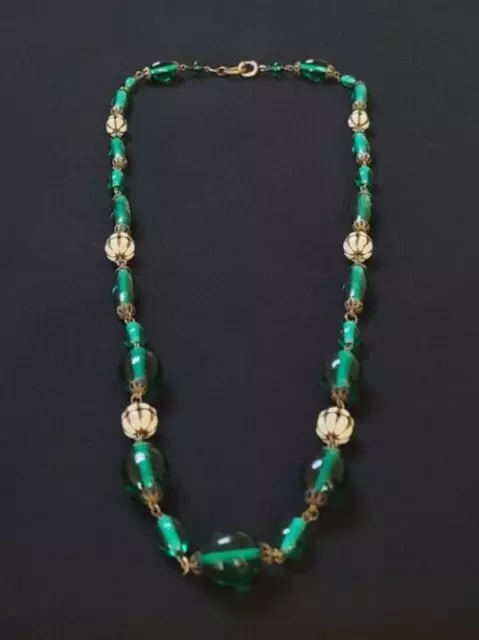 Antique Art Deco Czech Brass Glass Enamel Drop Pendant Necklace