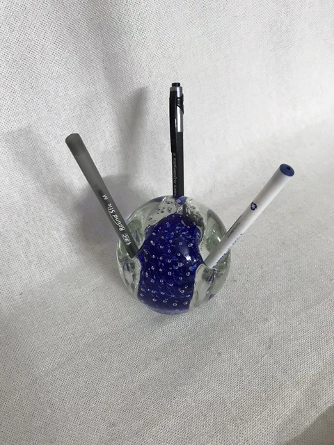 Cobalt Blue/Clear Glass Hand Blown Paperweight Three Pen Holder Control Bubbles