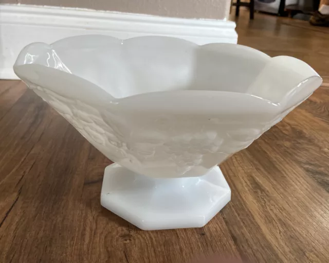 Vintage White Milk Glass Pedestal Fruit Bowl with Grape Vine Design