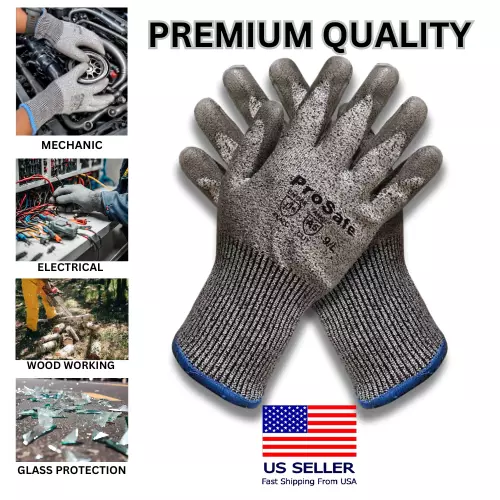 10 Pairs PROSAFE Cut Resistant Level A5 Work Gloves Grey PU Palm Coated