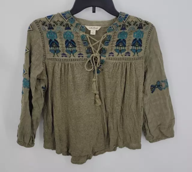 Lucky Brand Top Womens Small Green Embroidered Lace Up Neckline Boho Peasant