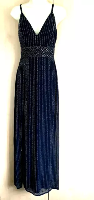 LACE & BEADS Navy Strappy Beaded Maxi Evening Dress Sze S  (6-8 UK) Party-Cruise