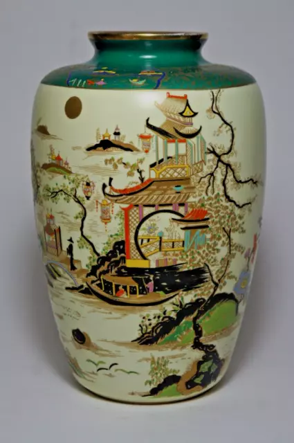 Carlton Ware Temple Pattern Chinoiserie design Vase 314 Rare Green Colourway